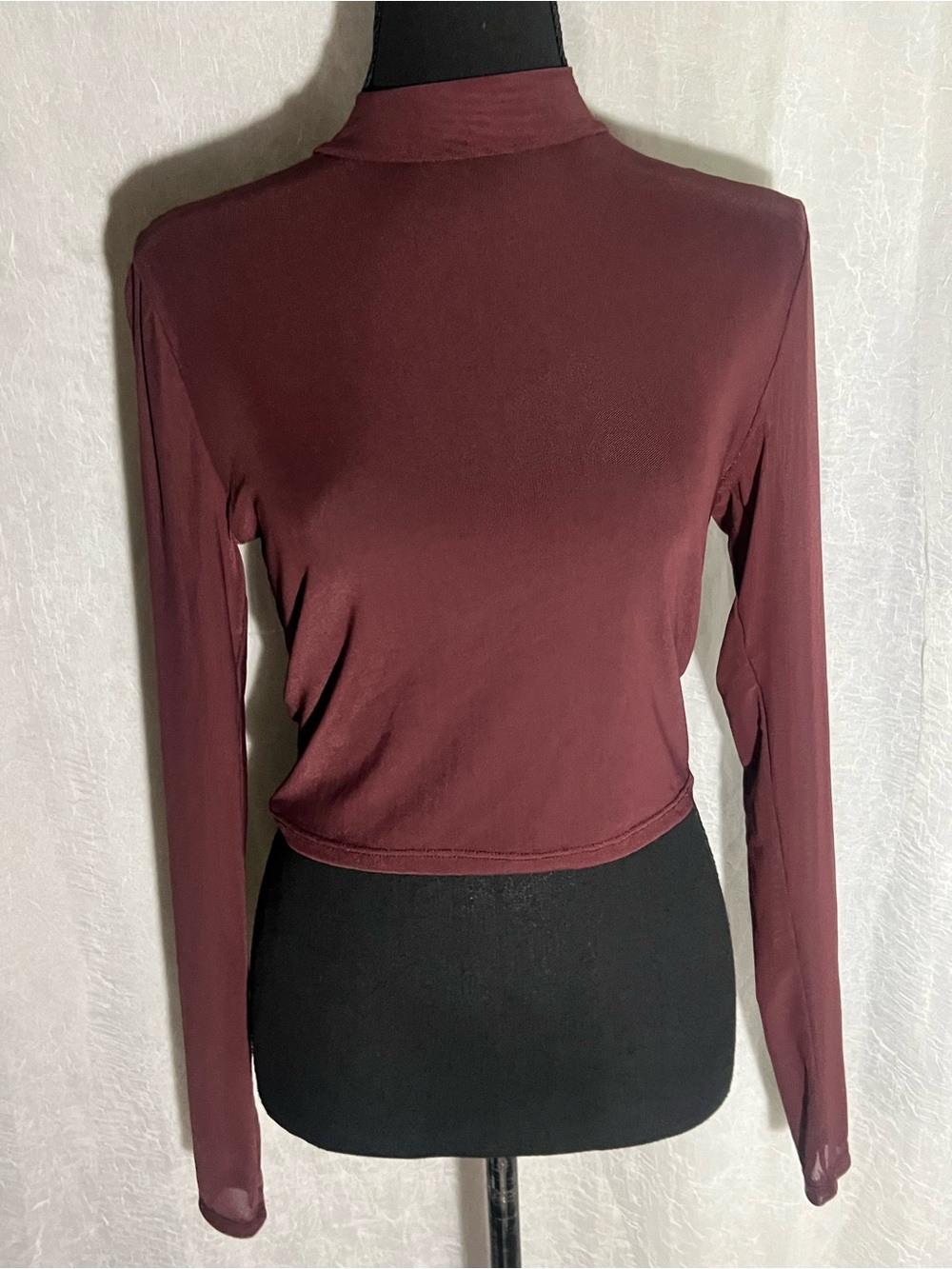 BKE sheer Long Sleeve Mock Neck crop Top in Wine